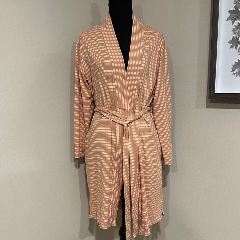 *HAVEN WELL WITHIN* Striped Peach x White Wrap Organic Cotton Robe Size Small - Picture 4 of 12